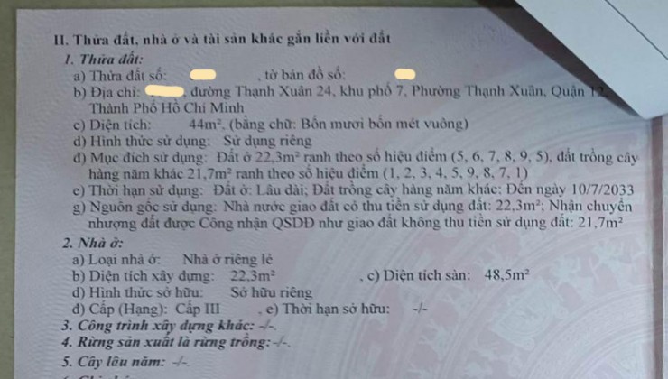 Bán nhà Thạnh Xuân 24 P. Thạnh Xuân Q. 12, 2 tầng, giá giảm còn 2.x tỷ